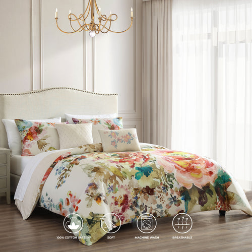 Bebejan Antique Flowers Ivory 5 Piece Reversible Comforter Set
