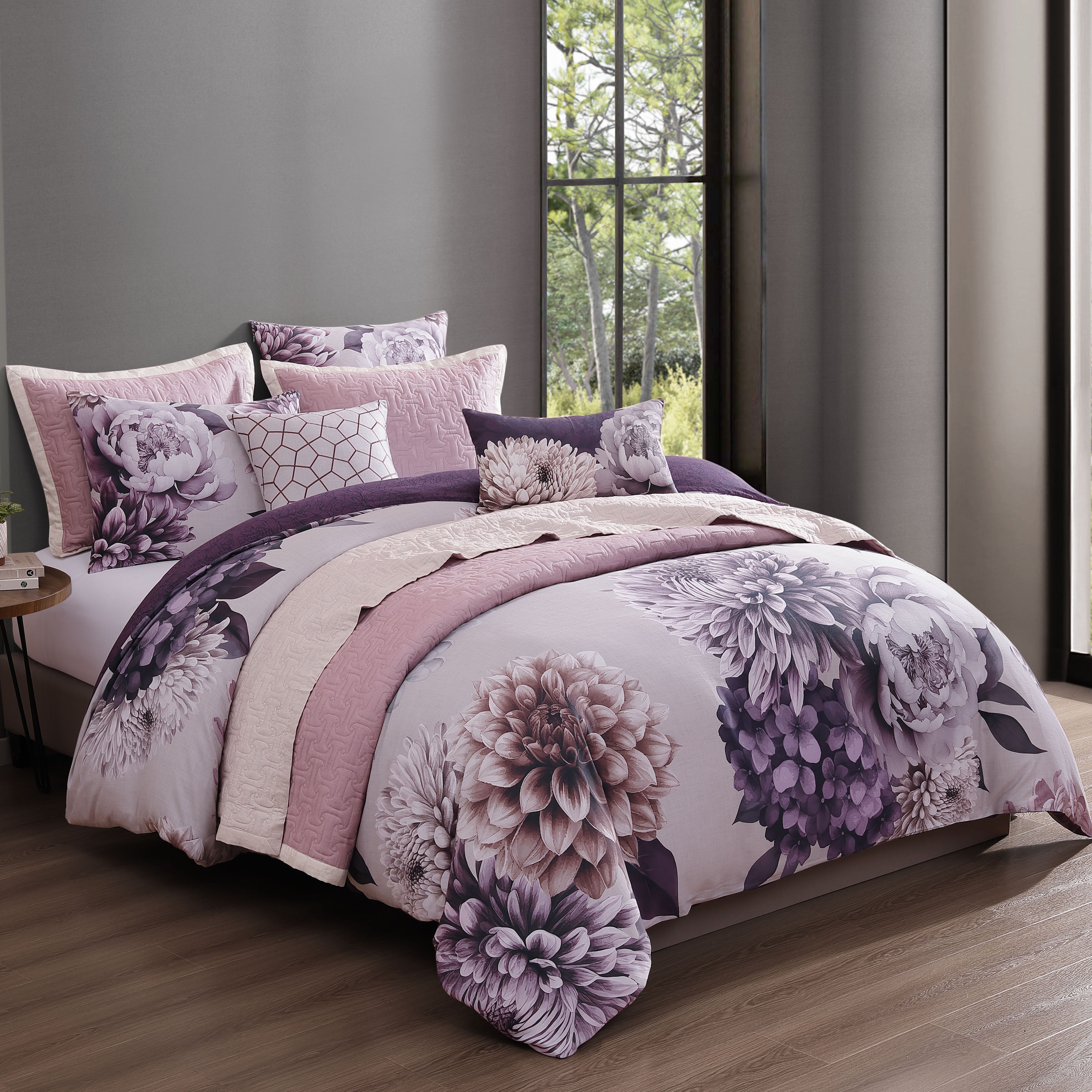 Bebejan Plum Petal 8 Piece Reversible Comforter & Coverlet Set