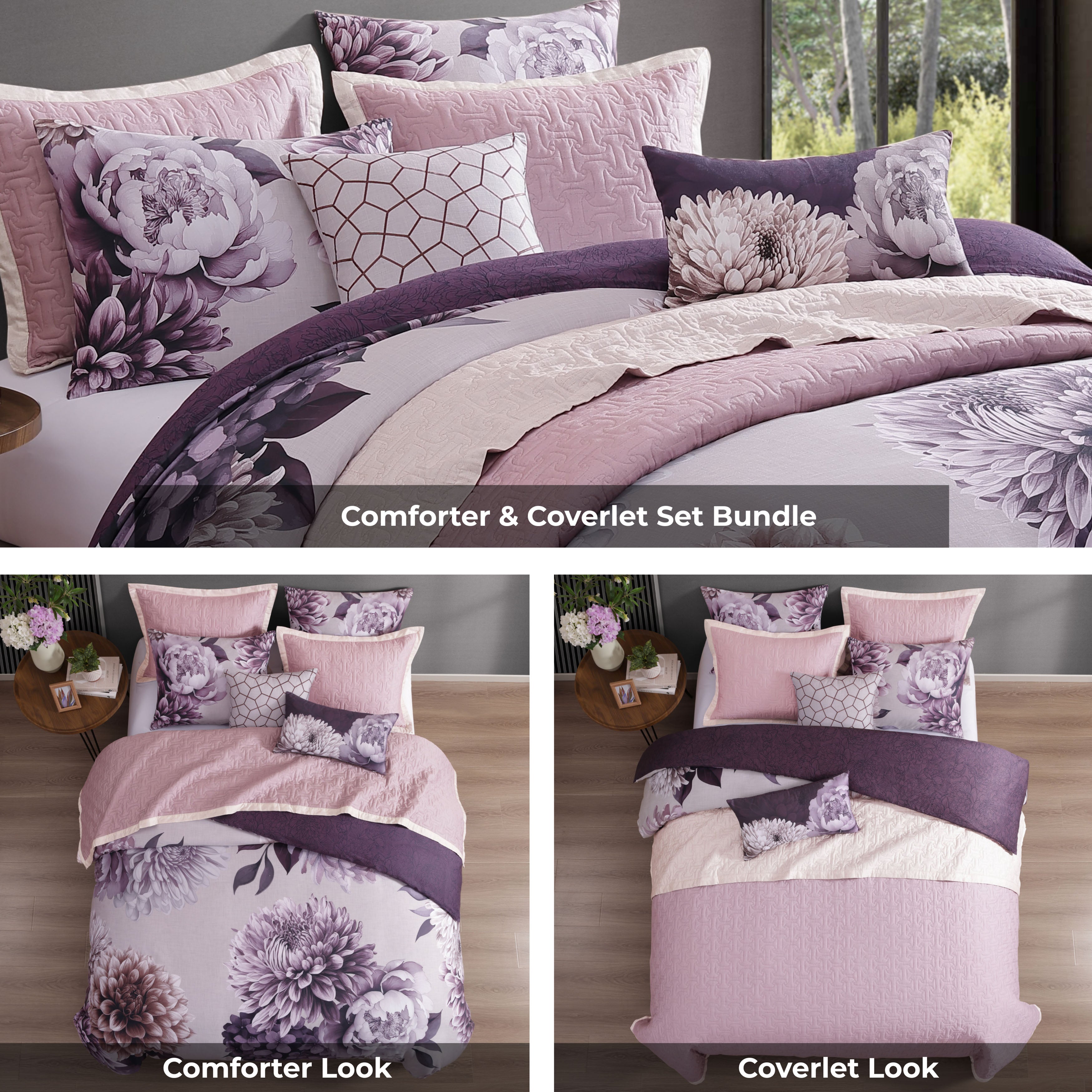 Bebejan Plum Petal 8 Piece Reversible Comforter & Coverlet Set