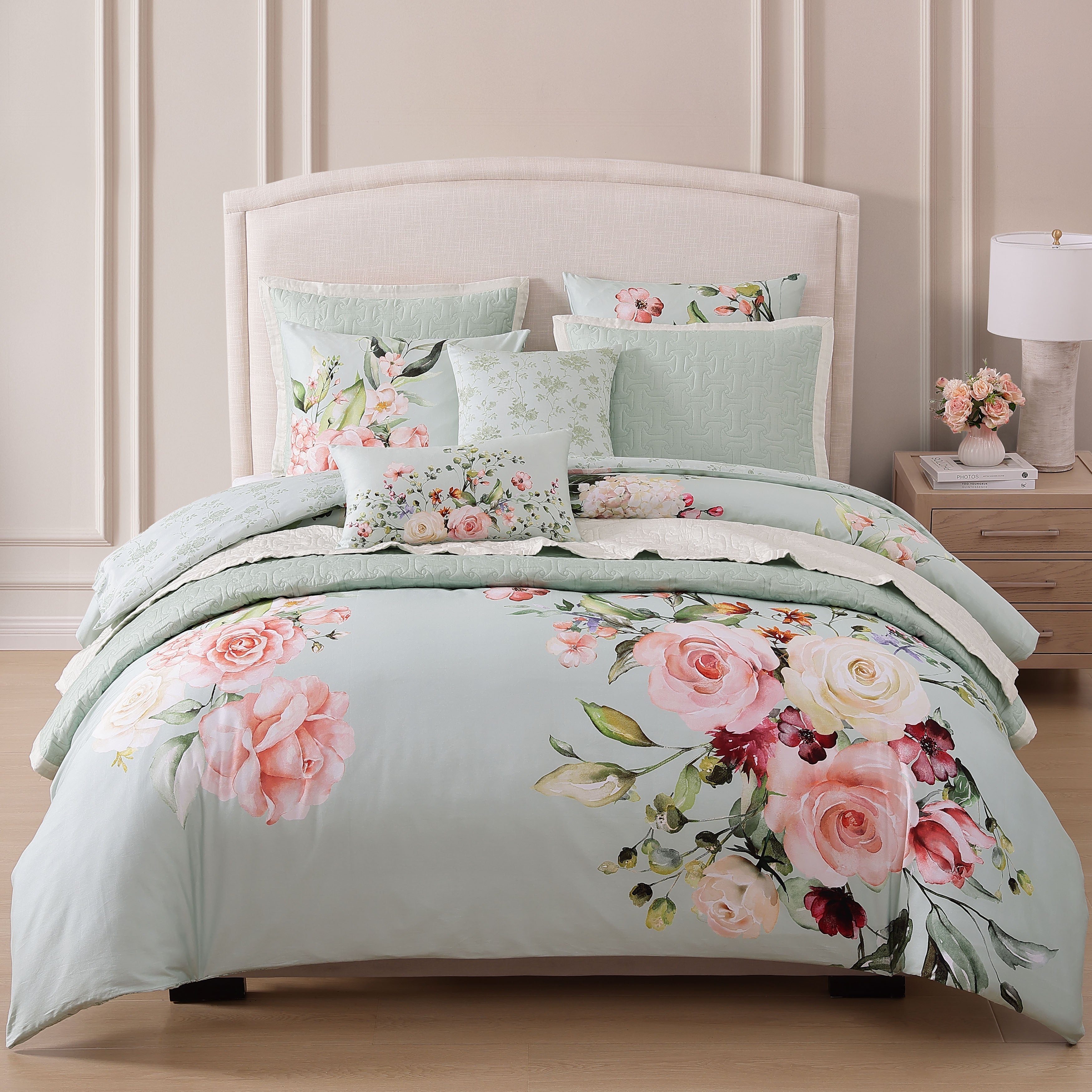 Latest Living Rose on Misty Green 8 Piece Reversible Comforter & Coverlet Set