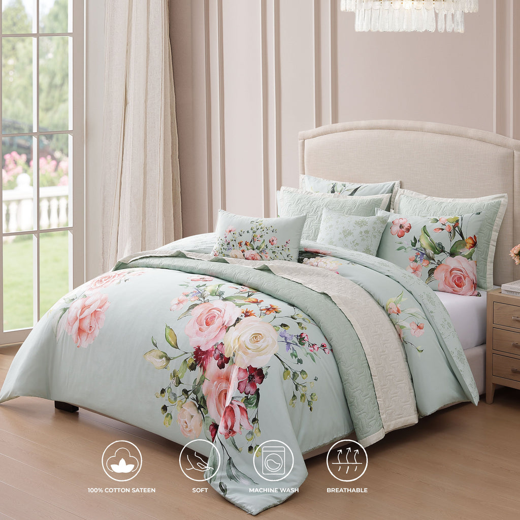 Latest Living Rose on Misty Green 8 Piece Reversible Comforter & Coverlet Set