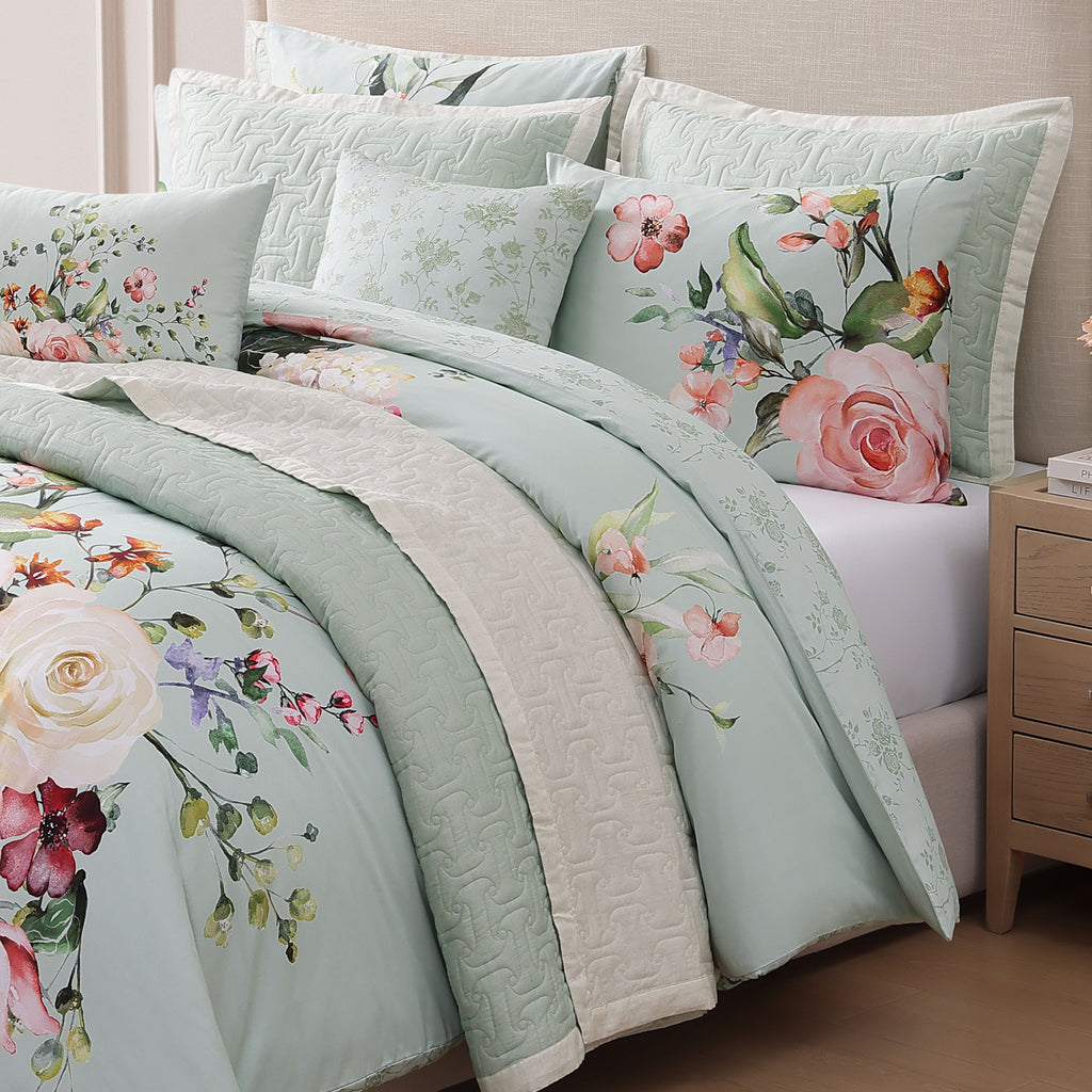 Latest Living Rose on Misty Green 8 Piece Reversible Comforter & Coverlet Set