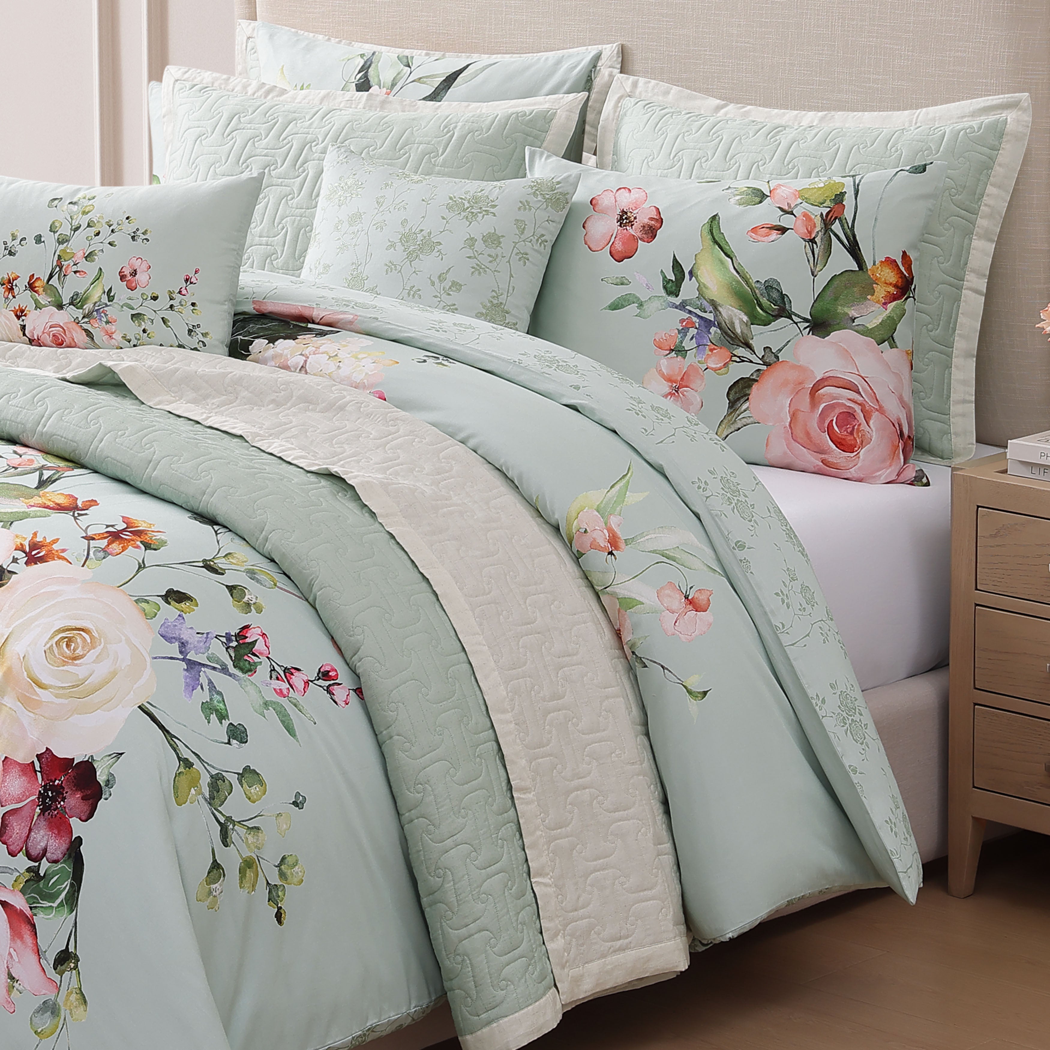 Bebejan Rose on Misty Green 8 Piece Reversible Comforter & Coverlet Set