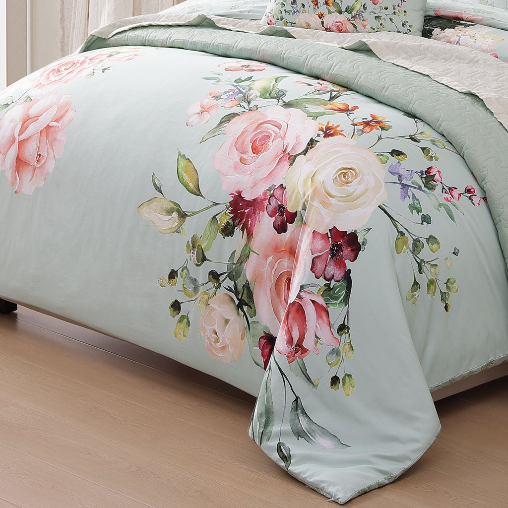 Latest Living Rose on Misty Green 8 Piece Reversible Comforter & Coverlet Set