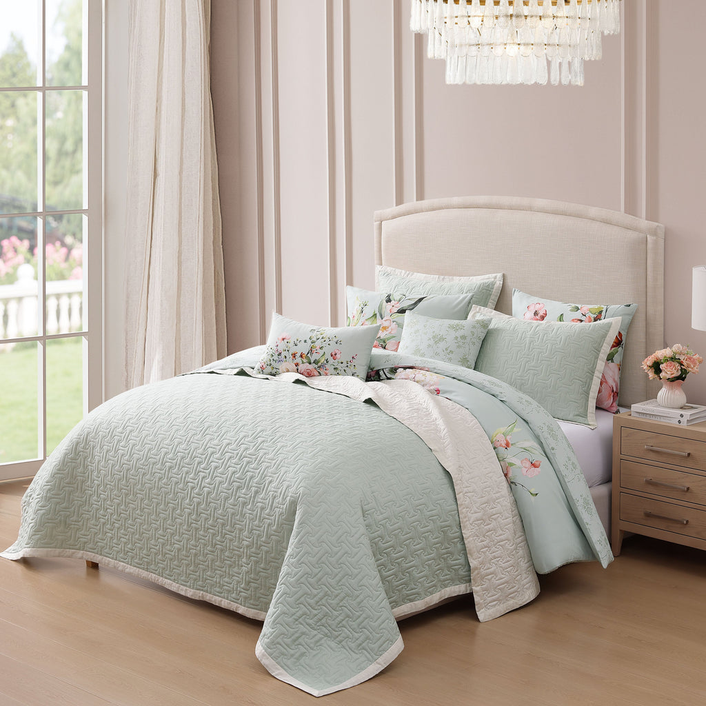 Latest Living Rose on Misty Green 8 Piece Reversible Comforter & Coverlet Set