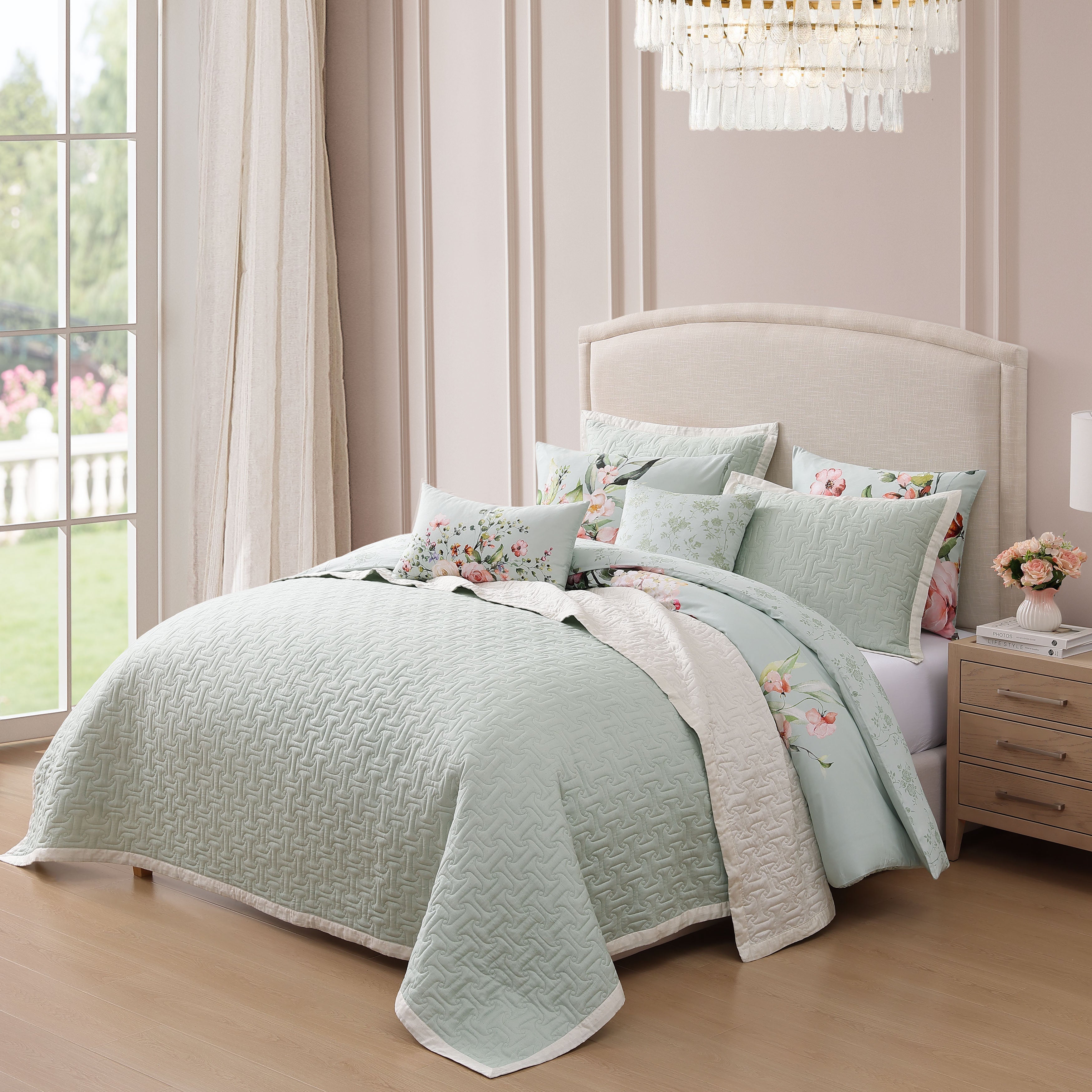Latest Living Rose on Misty Green 8 Piece Reversible Comforter & Coverlet Set