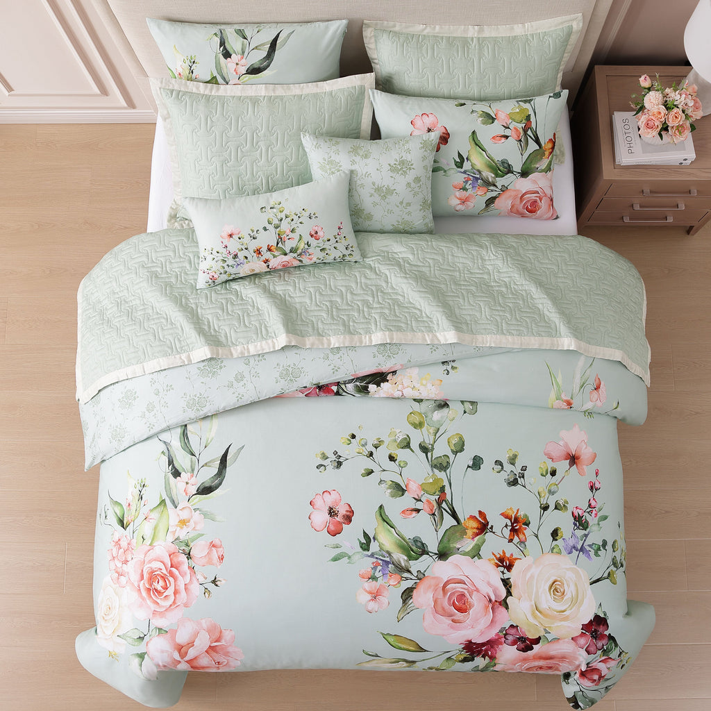 Latest Living Rose on Misty Green 8 Piece Reversible Comforter & Coverlet Set