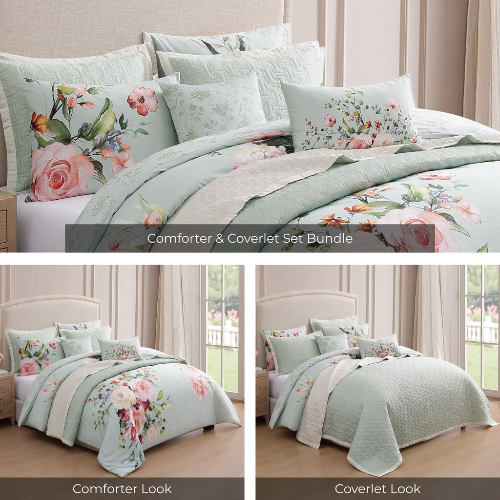 Latest Living Rose on Misty Green 8 Piece Reversible Comforter & Coverlet Set