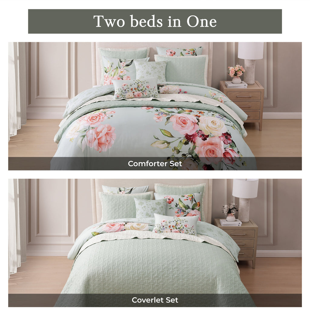 Latest Living Rose on Misty Green 8 Piece Reversible Comforter & Coverlet Set
