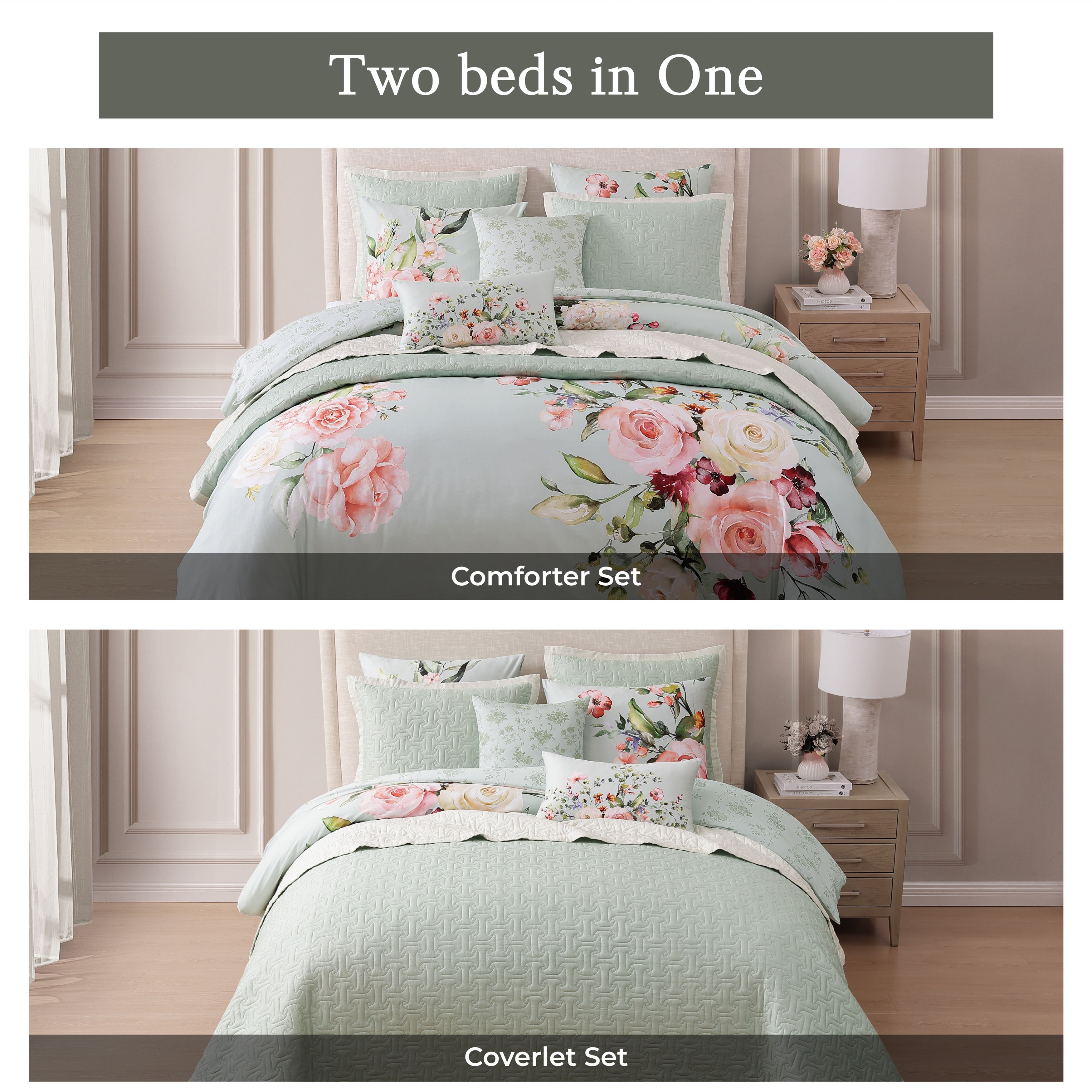 Latest Living Rose on Misty Green 8 Piece Reversible Comforter & Coverlet Set