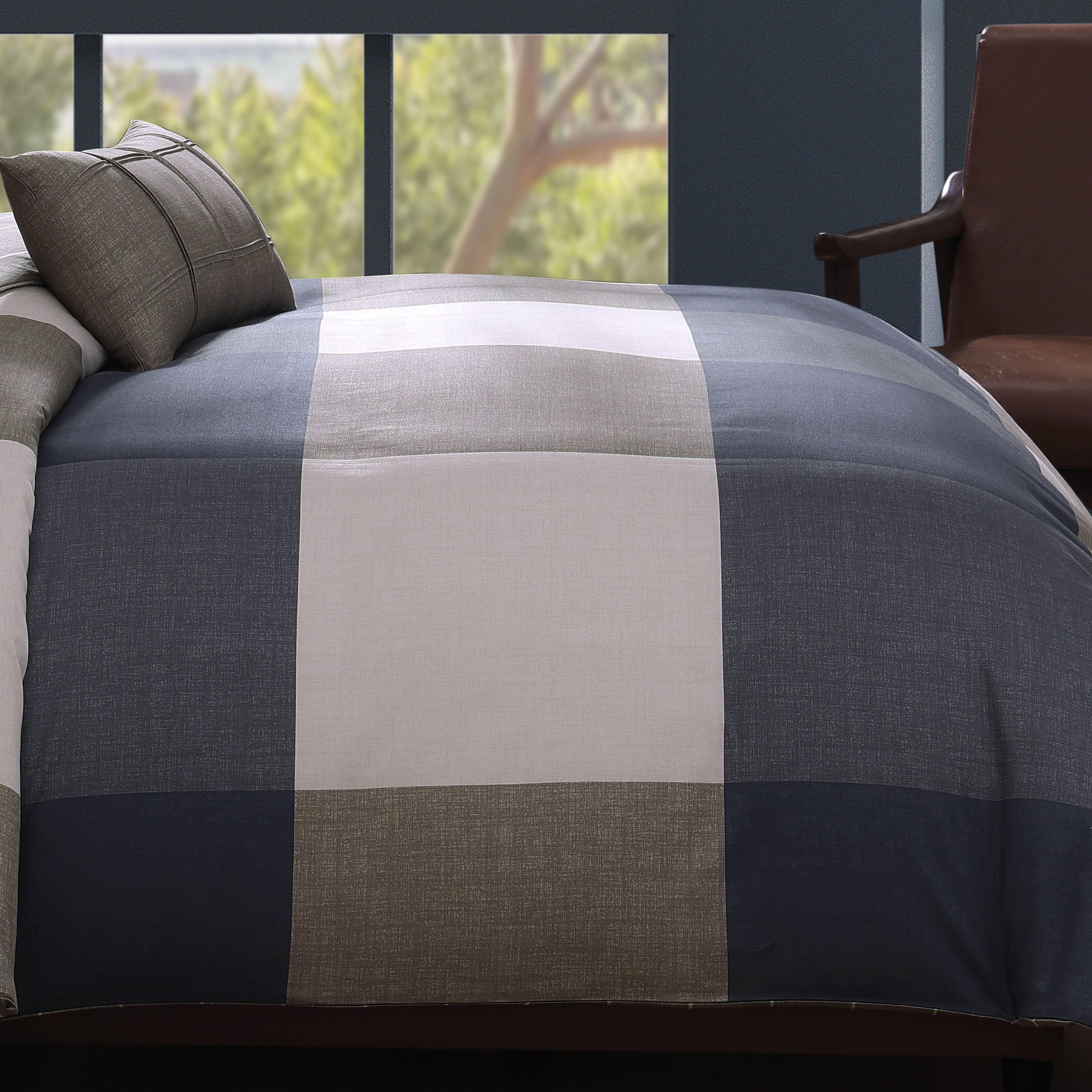 Latest Living Checkered Navy Tan 5 Piece Reversible Comforter Set