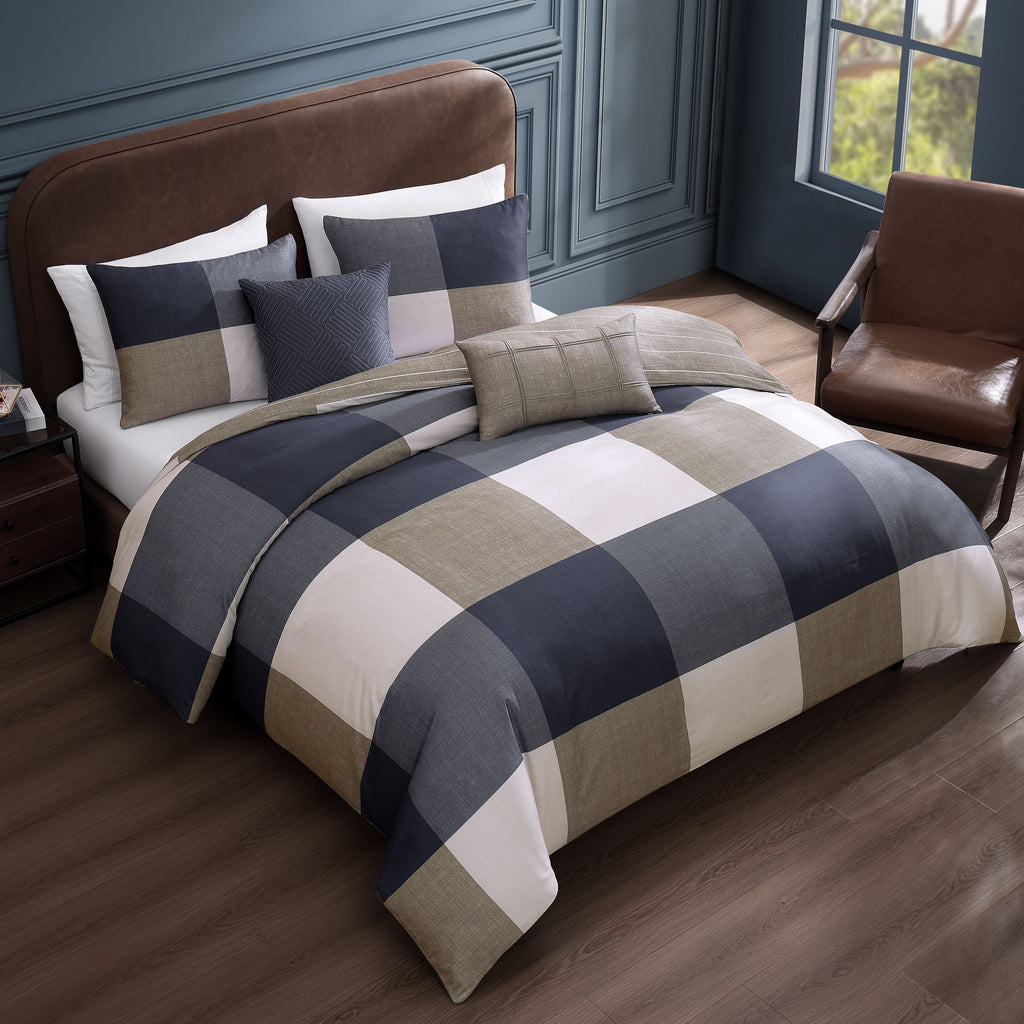 Bebejan Checkered Navy Tan 5 Piece Reversible Comforter Set