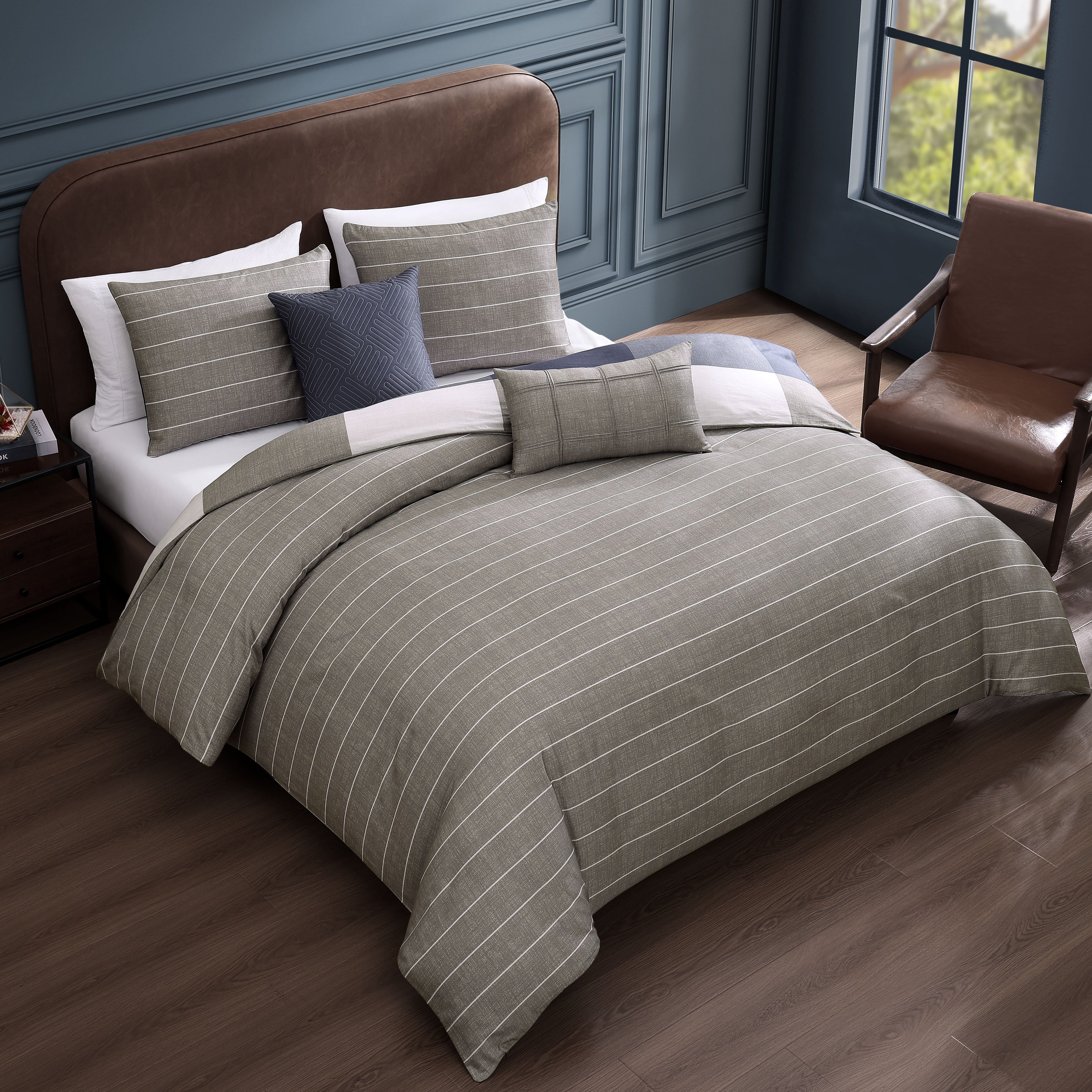 Latest Living Checkered Navy Tan 5 Piece Reversible Comforter Set