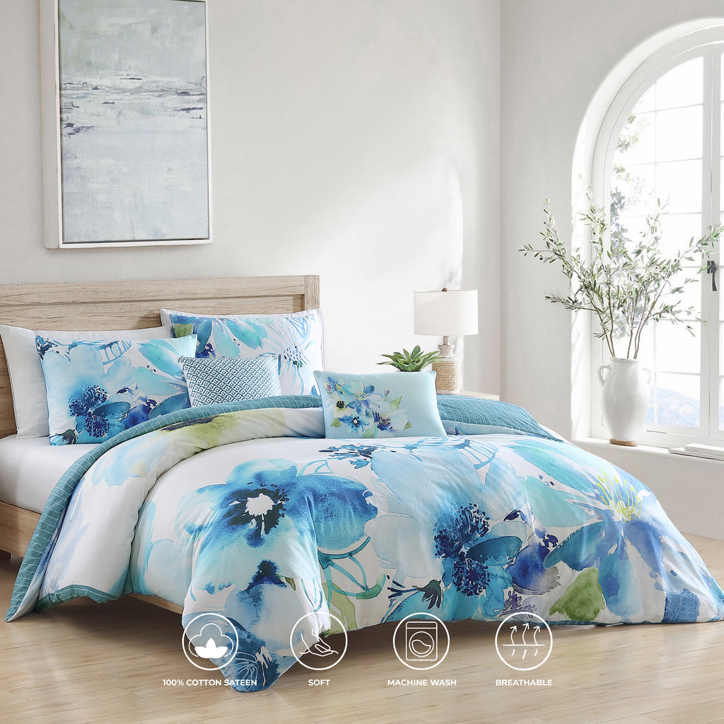 Latest Living Watercolor Blue 5 Piece Reversible Comforter Set