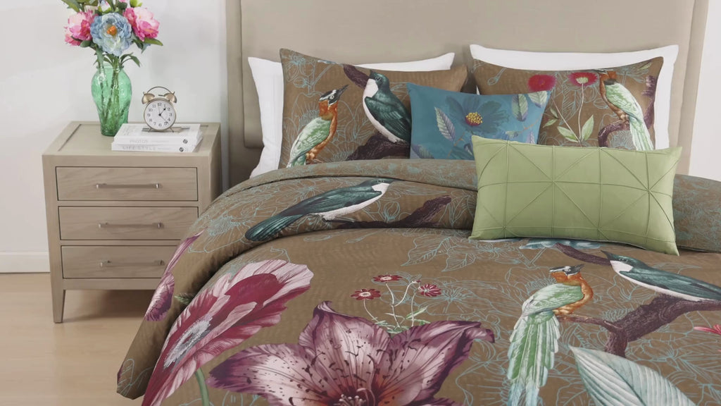 Latest Living Birds on Chocolate Brown 5 Piece Reversible Comforter Set