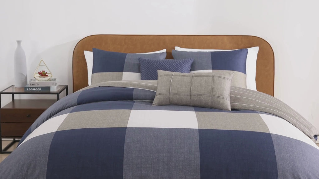 Latest Living Checkered Navy Tan 5 Piece Reversible Comforter Set