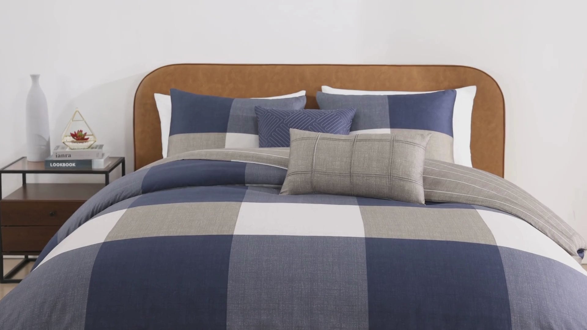 Latest Living Checkered Navy Tan 5 Piece Reversible Comforter Set
